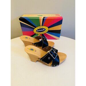 Dr Scholls Women Size 7 Wood High Heel Clog Sandal Black Leather New Italy